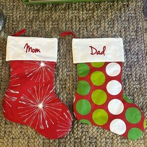 New Set of 2 Personalized Mom & Dad Embroidered Fabric Christmas Stockings 16.5”